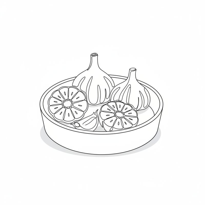 Ilustración: cuatro cabezas de ajo en una fuente de horno