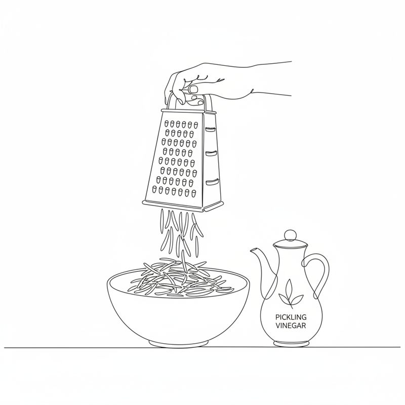 Ilustración: zanahorias y daikon rallados en un bol con la mezcla de vinagre