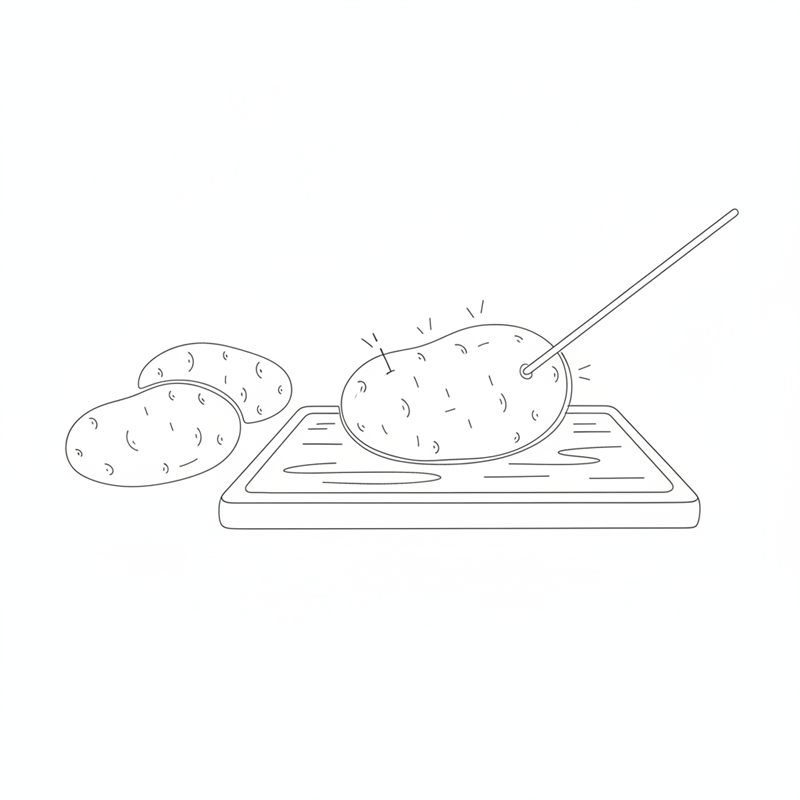 Ilustración: una patata pinchada con una brocheta sobre una tabla