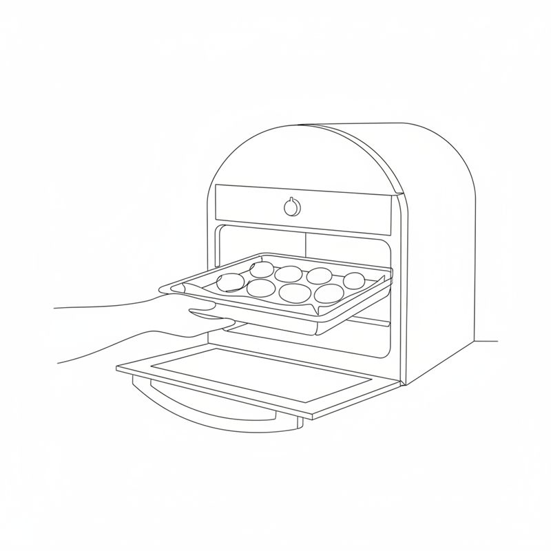 Ilustración: patatas sobre bandeja con papel entrando al horno