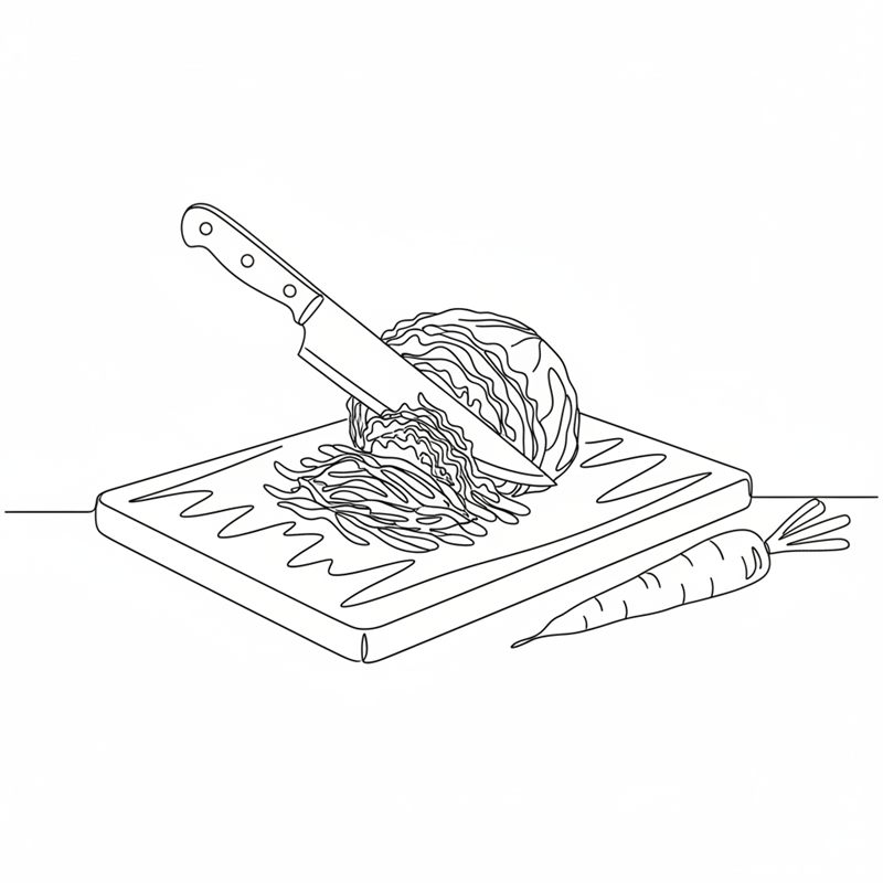 Ilustración: col cortada muy fina sobre una tabla de madera para ensalada de col