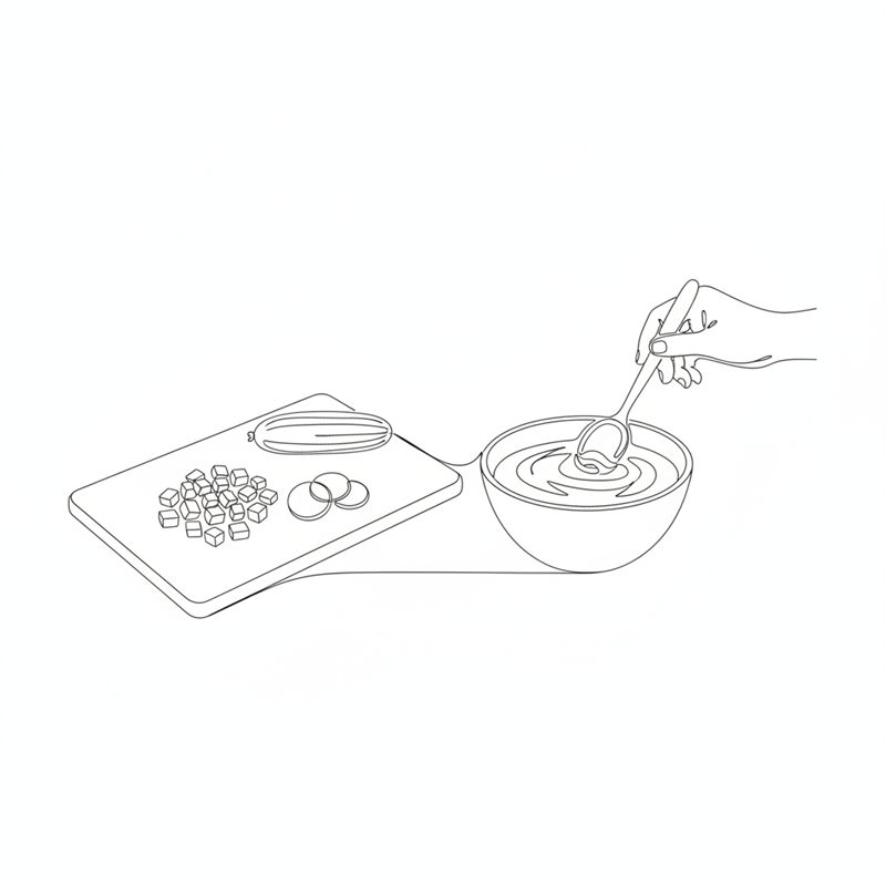 Ilustración: se remueve una salsa en un bol con cebolla roja y pepinillos picados al lado