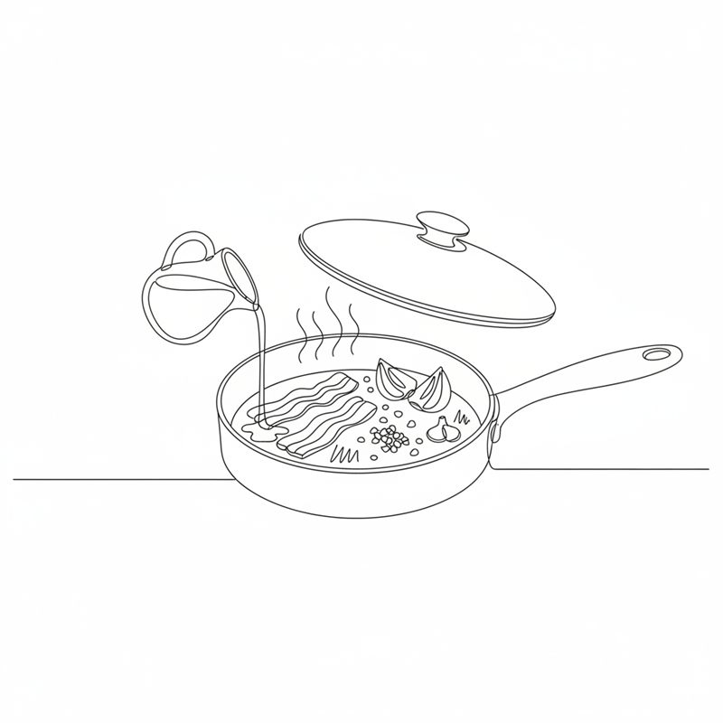Ilustración: bacon, cebolla y ajo sofriéndose en una cazuela con vinagre balsámico