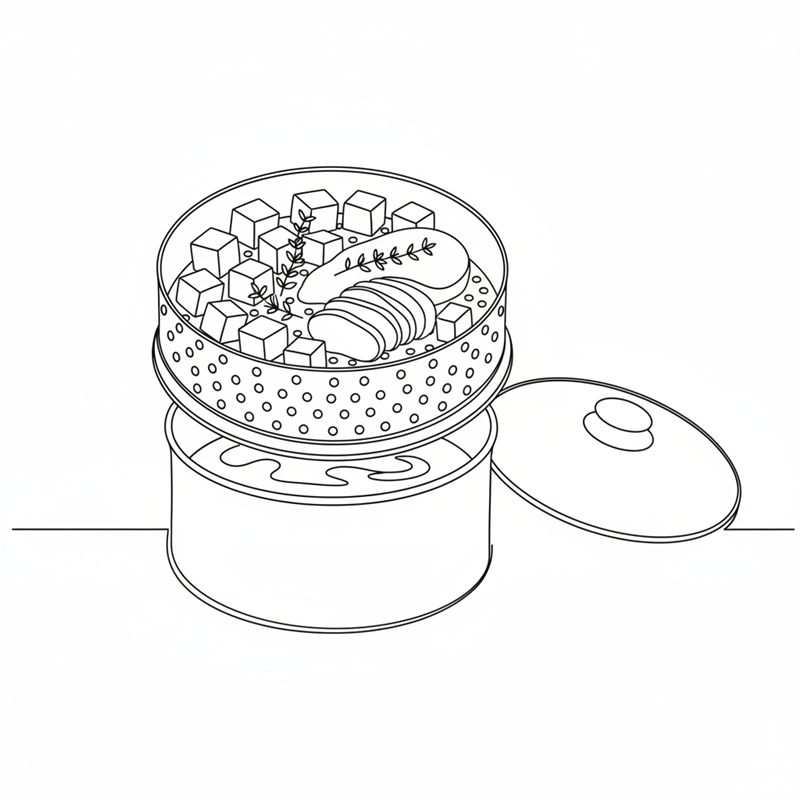 Ilustración: dados de boniato, pechuga de pollo y tomillo en una vaporera sobre una cazuela