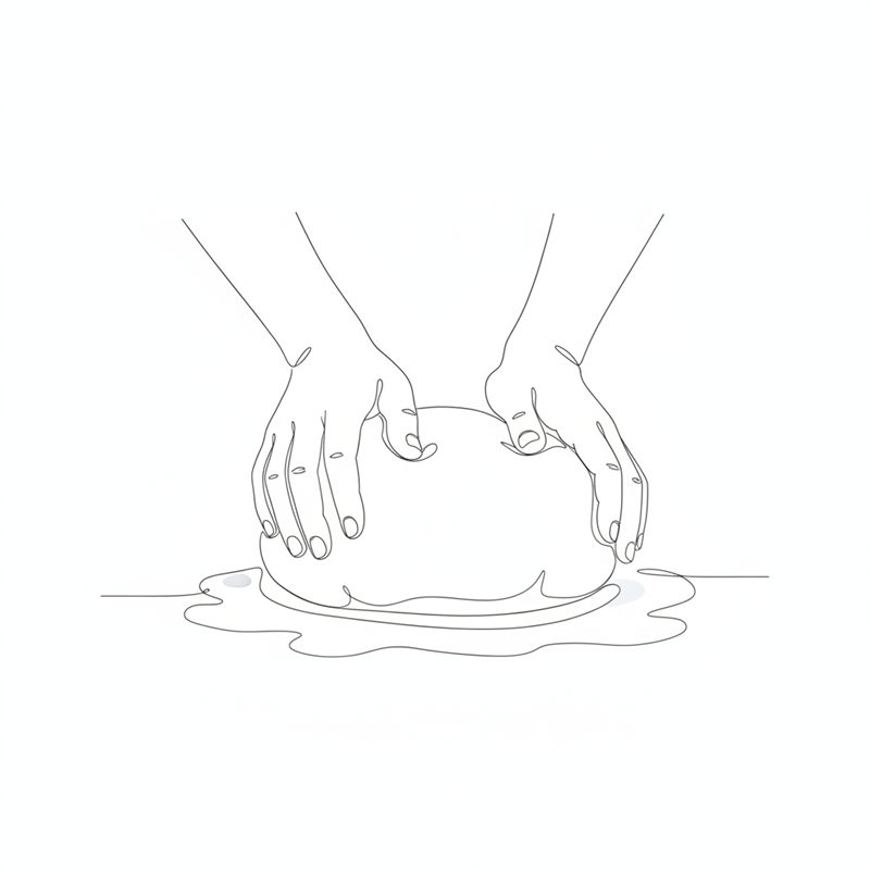 Ilustración: dos manos amasan la masa de gyozas sobre una superficie enharinada