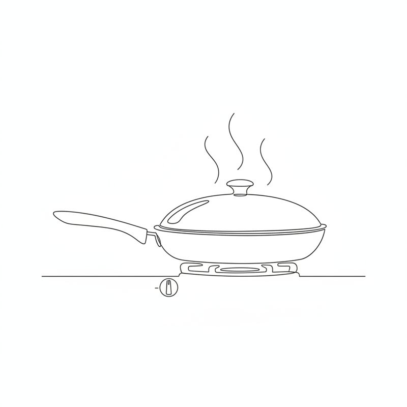 Ilustración: una sartén tapada sobre el fuego con vapor saliendo