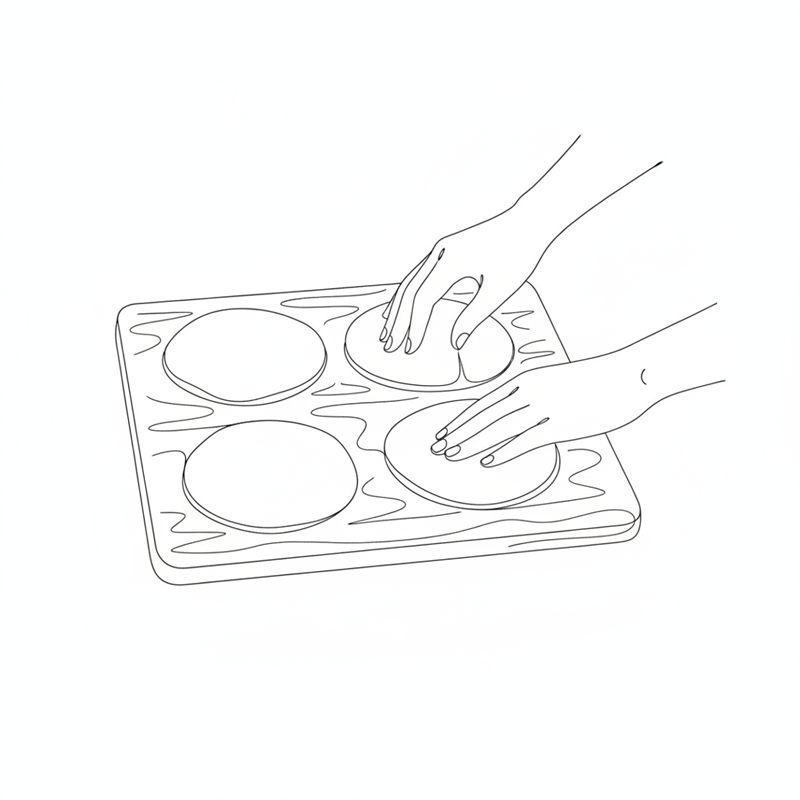 Ilustración: cuatro hamburguesas planas se forman sobre una tabla de cortar