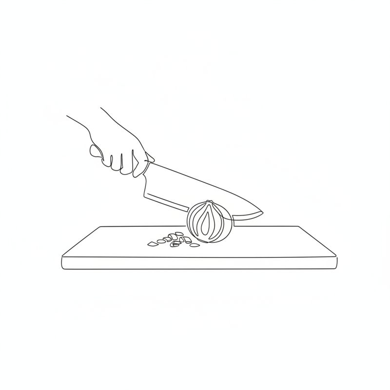 Ilustración: una cebolla se pica fina con un cuchillo grande sobre una tabla