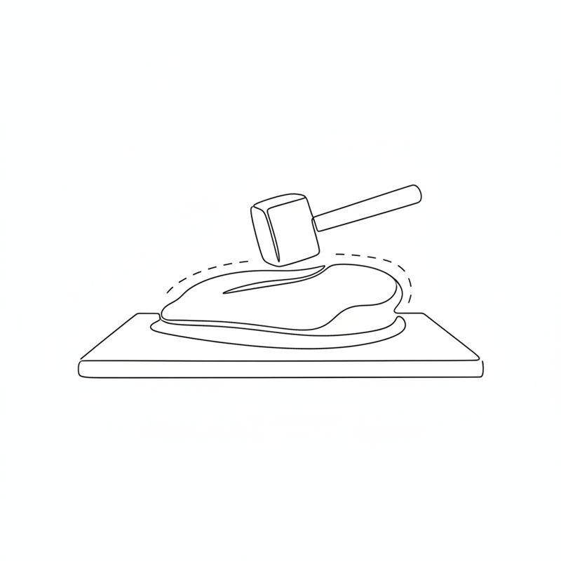 Ilustración: una pechuga de pollo aplanada con un mazo de cocina sobre una tabla