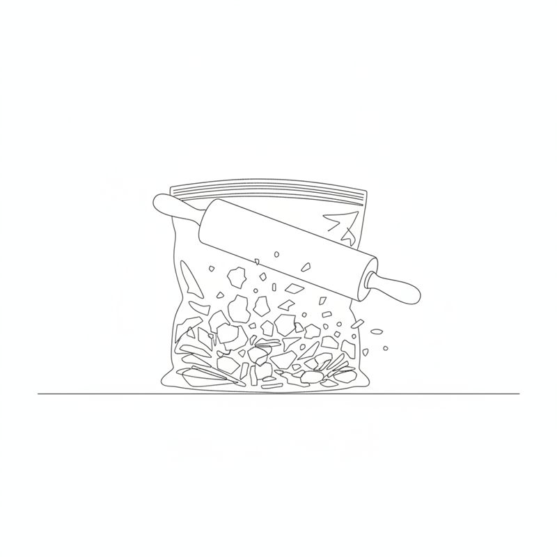 Ilustración: copos de maíz triturados con un rodillo dentro de una bolsa cerrada