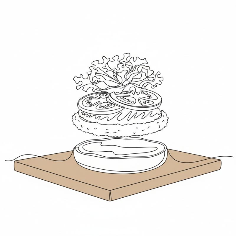 Ilustración: un pan de hamburguesa montado con salsa, pollo empanado, rodajas de tomate y lechuga