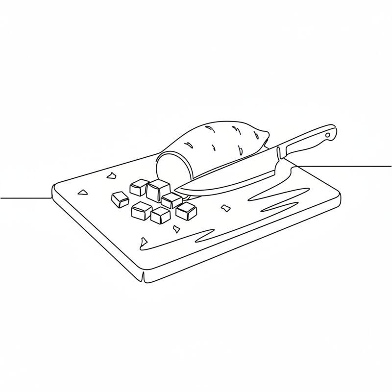 Ilustración: un boniato cortado en trozos pequeños sobre una tabla