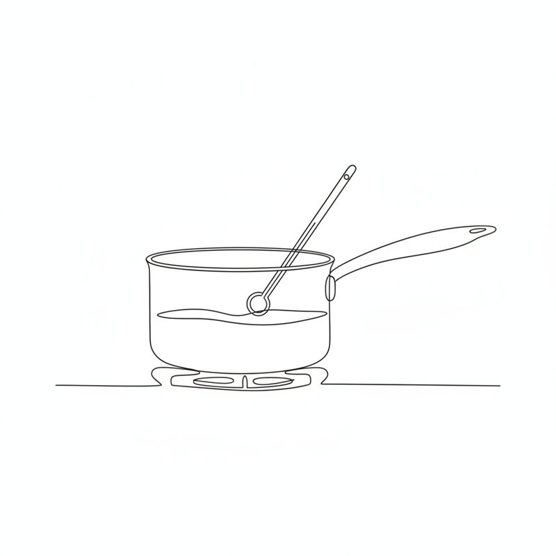 Ilustración: un cazo con almíbar y un termómetro de azúcar sujeto al borde