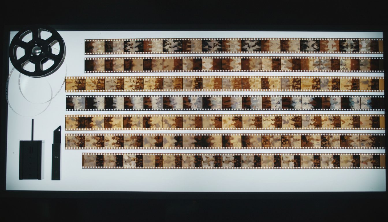 Tiras de película sobre una mesa luminosa, imagen sobre la cronología del UCM