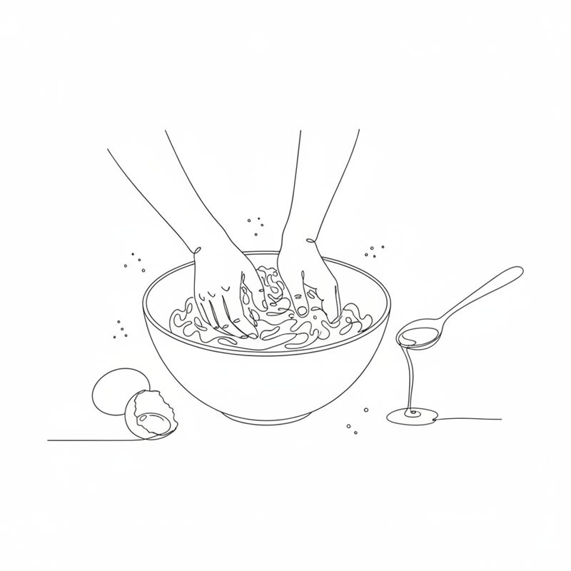 Ilustración: harina, huevos y aceite de oliva se amasan en un bol para hacer masa de pasta