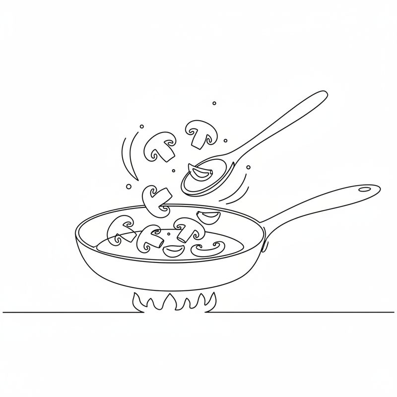 Ilustración: láminas de champiñón y ajo se saltean en una sartén caliente con una cuchara