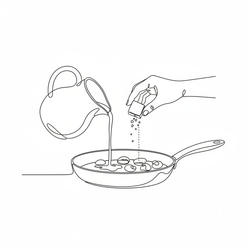 Ilustración: se vierte nata desde una jarra a la sartén mientras se desmenuza una pastilla de caldo