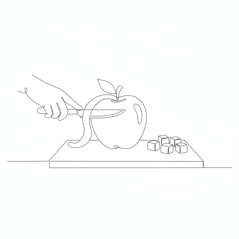 Ilustración: manzanas peladas y cortadas en dados sobre una tabla