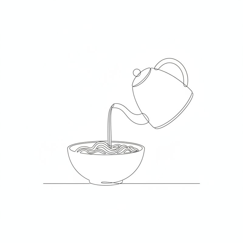 Ilustración: agua hirviendo servida desde un hervidor sobre fideos de arroz en un bol