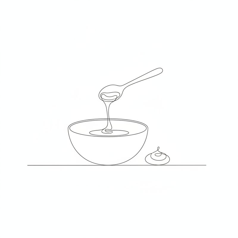 Ilustración: cae miel líquida de una cuchara a un cuenco junto a una porción de mostaza