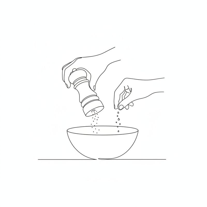 Ilustración: se muele pimienta y se echa sal en un cuenco con salsa