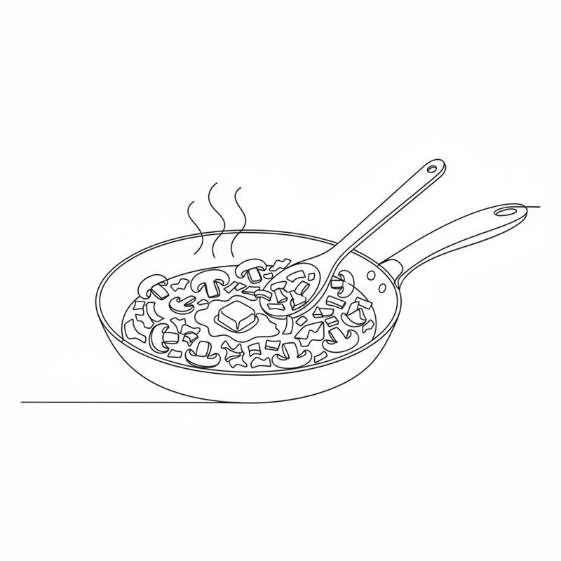 Ilustración: se saltean champiñones y cebolla picados con un trozo de mantequilla en una sartén mientras una cuchara los remueve