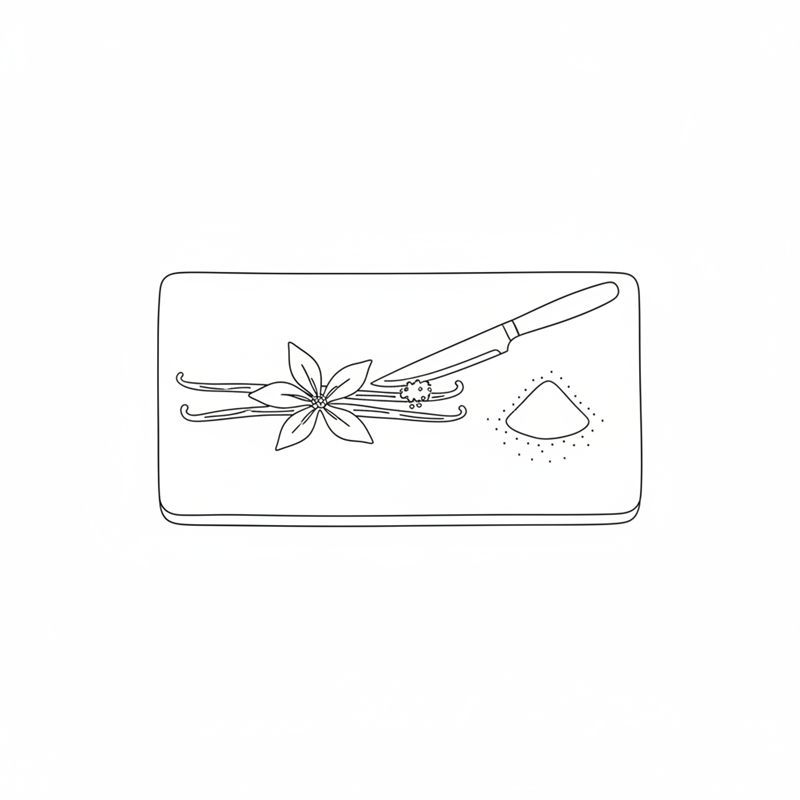 Ilustración: vainas de vainilla y un cuchillo sobre una tabla, con un montoncito de azúcar al lado