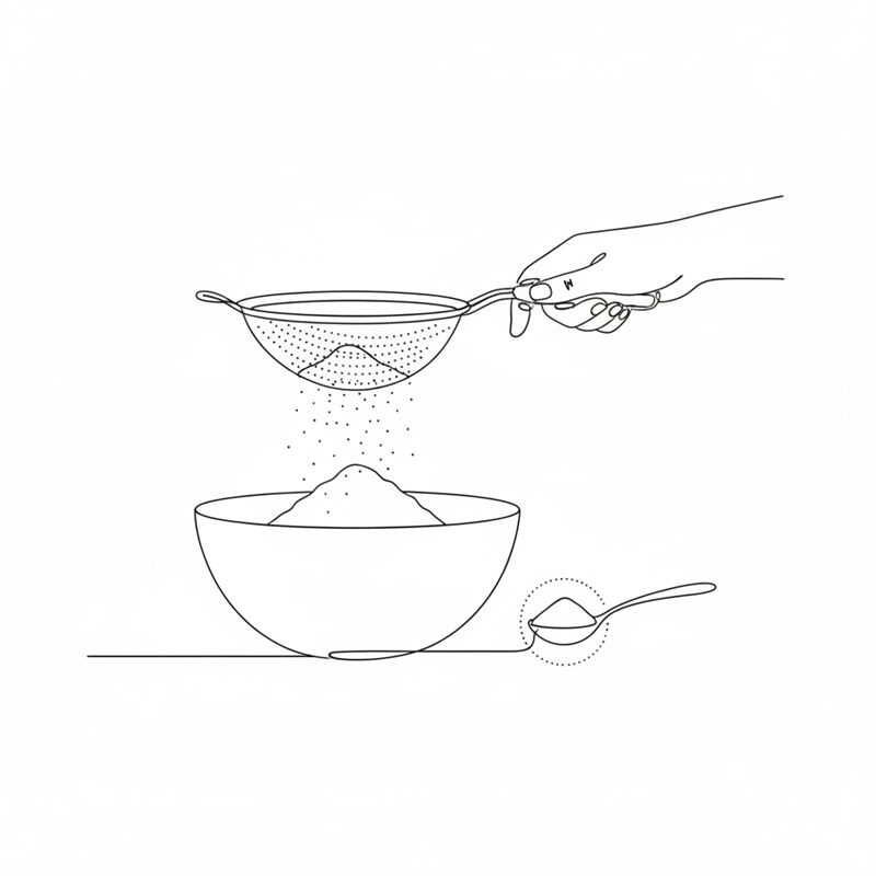 Ilustración: la harina y el cacao se tamizan con un colador fino sobre un bol, con una cucharadita de levadura al lado