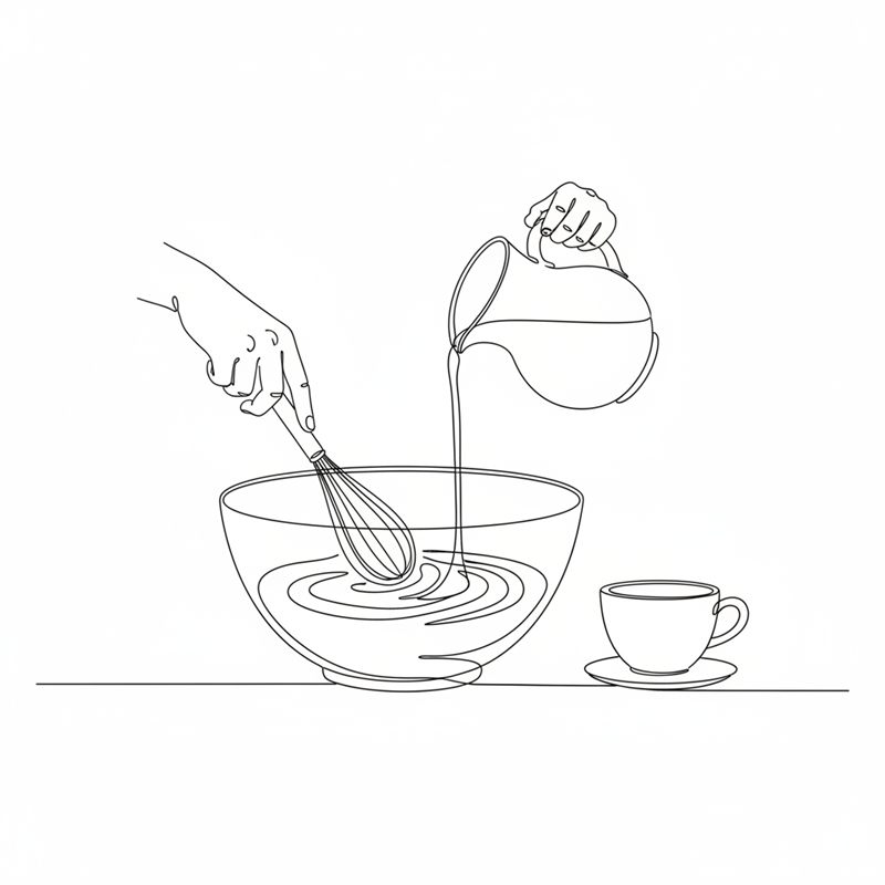 Ilustración: se remueve una masa en un bol mientras se vierte leche de una jarra, con una taza de café ya preparado al lado