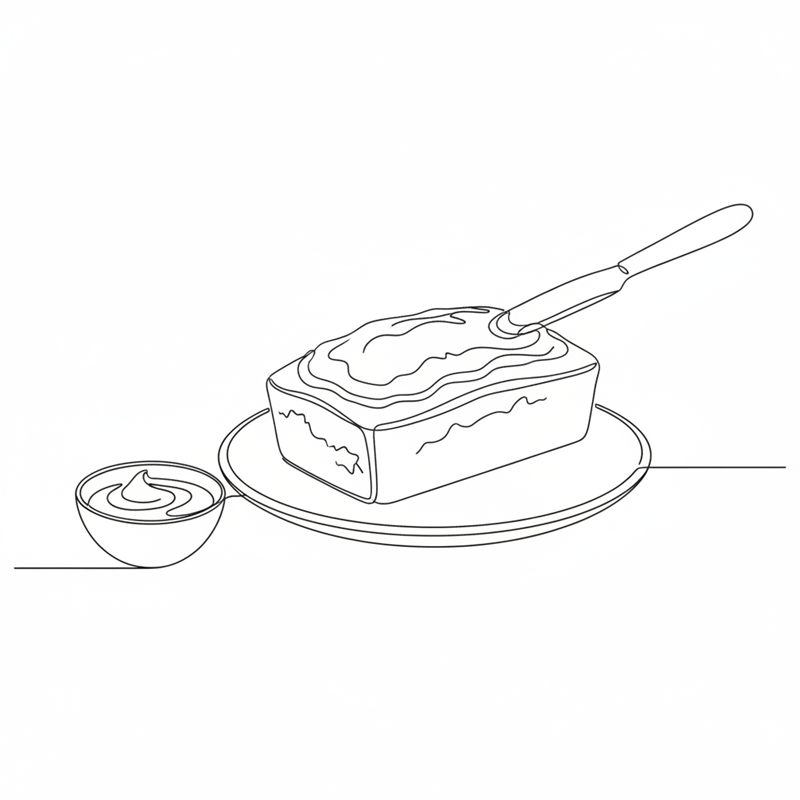 Ilustración: una espátula extiende el glaseado sobre un bizcocho alargado ya frío colocado en una fuente, con un cuenco de glaseado al lado