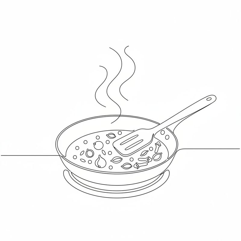 Especias enteras en una sartén seca sobre el fogón; una espátula las remueve; se desprende el aroma