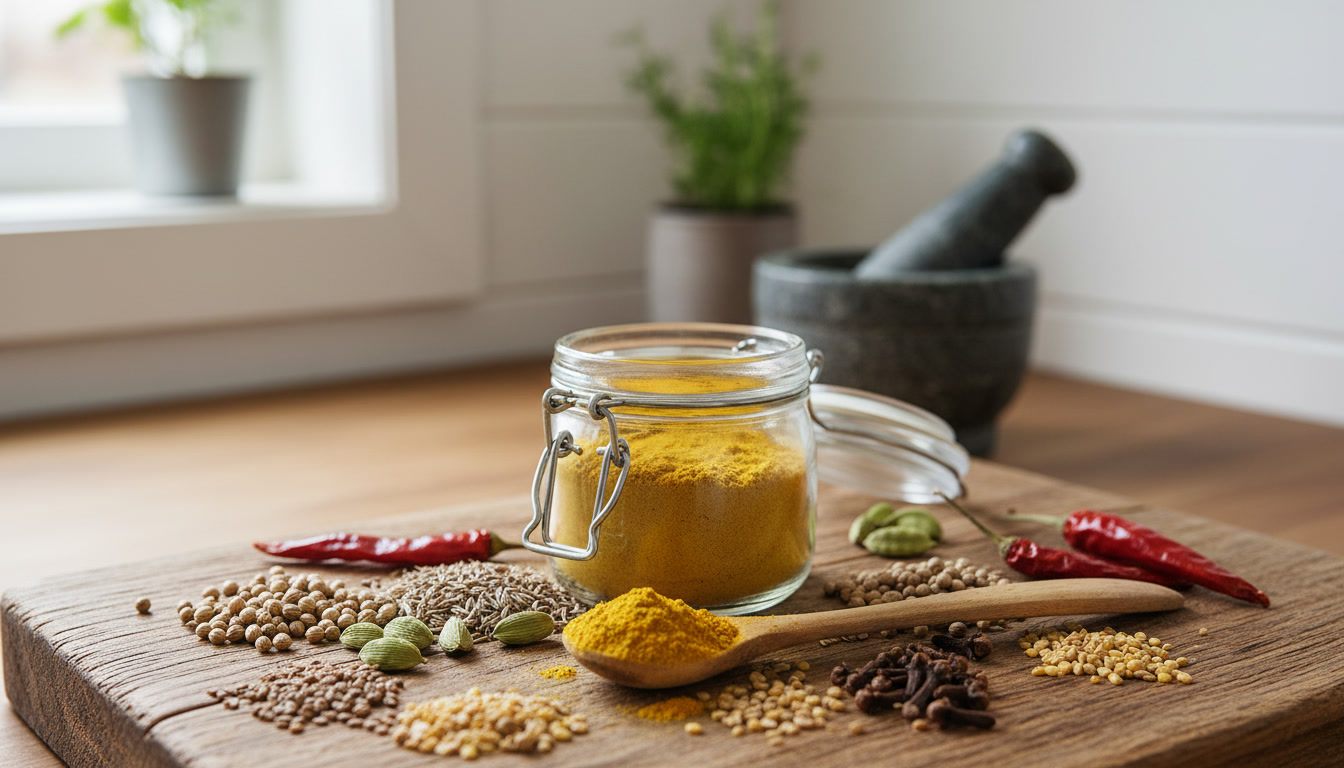 Un tarro de cristal con cierre de estribo abierto, lleno de curry en polvo amarillo, sobre una tabla de madera rústica; delante, una cuchara de madera con un montón de curry en polvo encima; alrededor, pequeños montones de semillas de cilantro, semillas de comino, vainas de cardamomo verde, clavos, semillas de mostaza amarillas, semillas de fenogreco y tres guindillas rojas secas; un mortero de piedra con su mano al lado y tarros con plantas verdes al fondo, junto a una ventana. No aparecen personas.