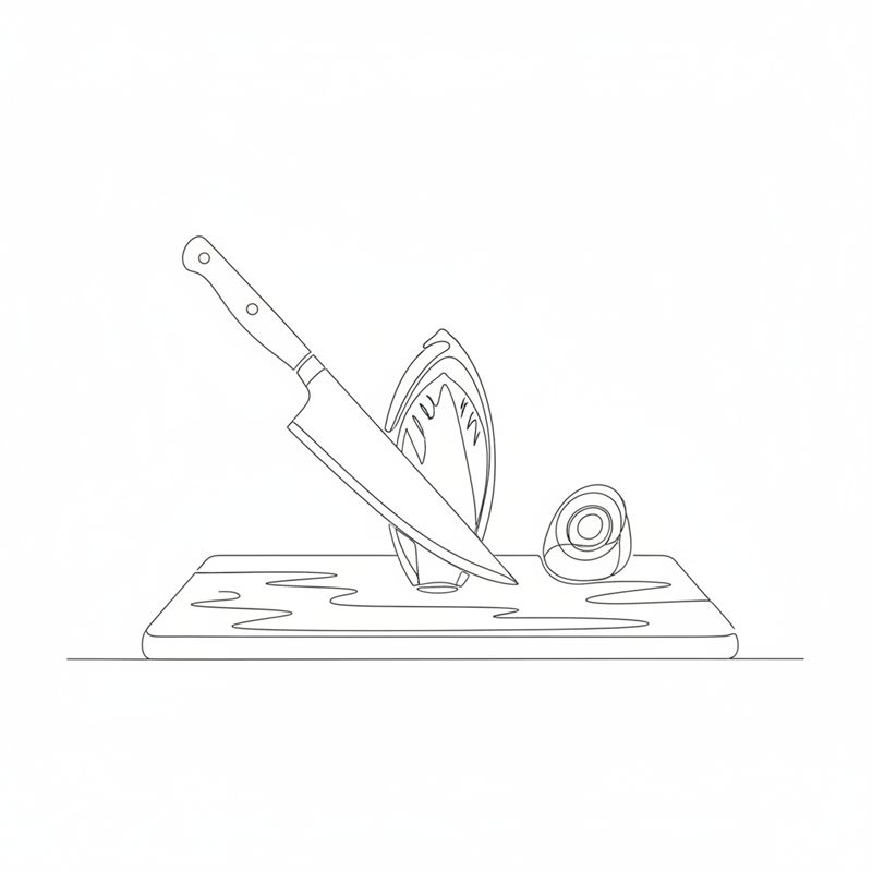 Ilustración: un cuchillo corta en cono el troncho de la base de una endibia sobre una tabla, con el troncho ya retirado al lado