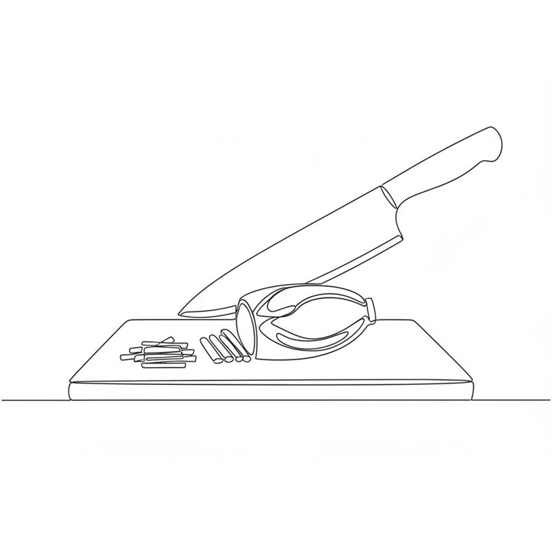 Ilustración: un cuchillo de cocina corta una endibia en tiras finas sobre una tabla junto a un montón de tiras ya cortadas