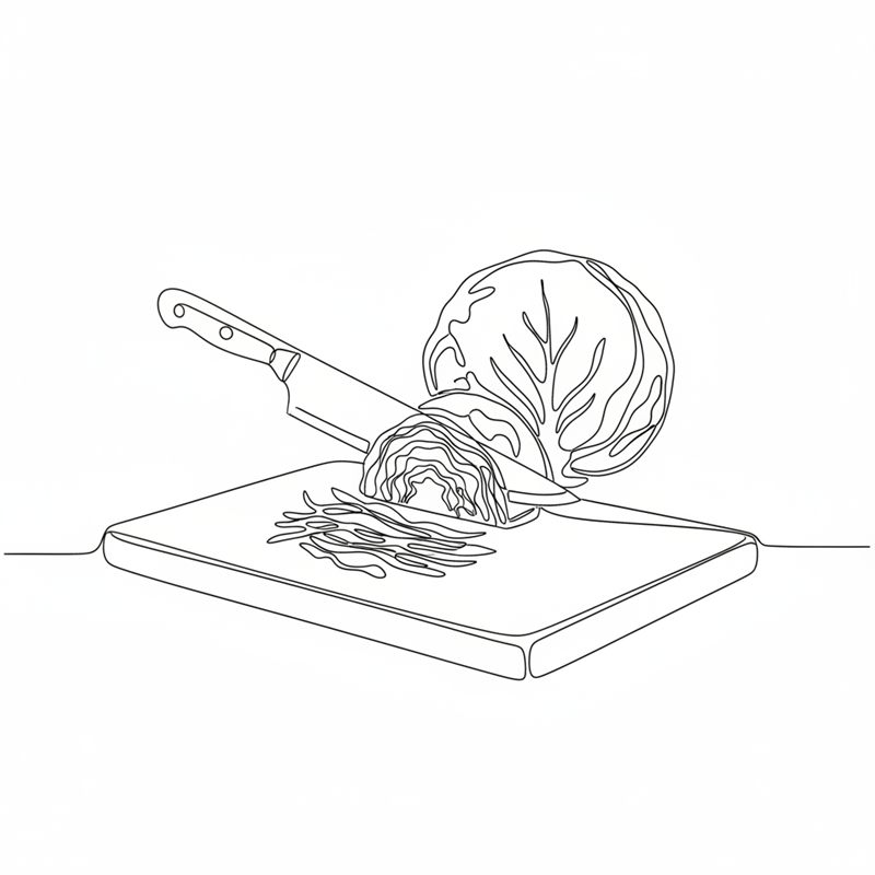Ilustración: un cuchillo corta en juliana fina un trozo de lombarda sobre una tabla con el resto de la col detrás