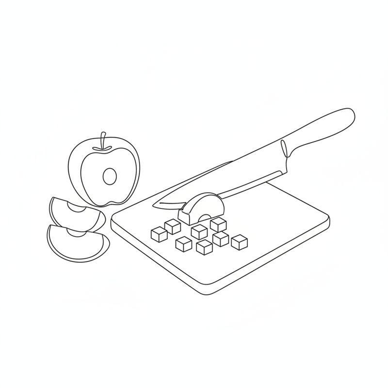 Ilustración: un cuchillo corta un gajo de manzana en dados pequeños sobre una tabla junto a una manzana partida sin corazón