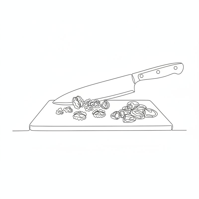 Ilustración: un cuchillo pica nueces en trozos grandes sobre una tabla junto a dátiles cortados en trozos pequeños