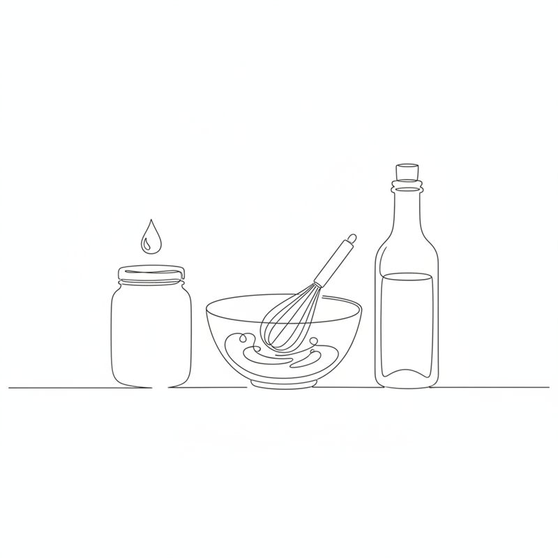 Ilustración: unas varillas baten una vinagreta en un bol pequeño junto a un tarro de miel y una botella de vinagre