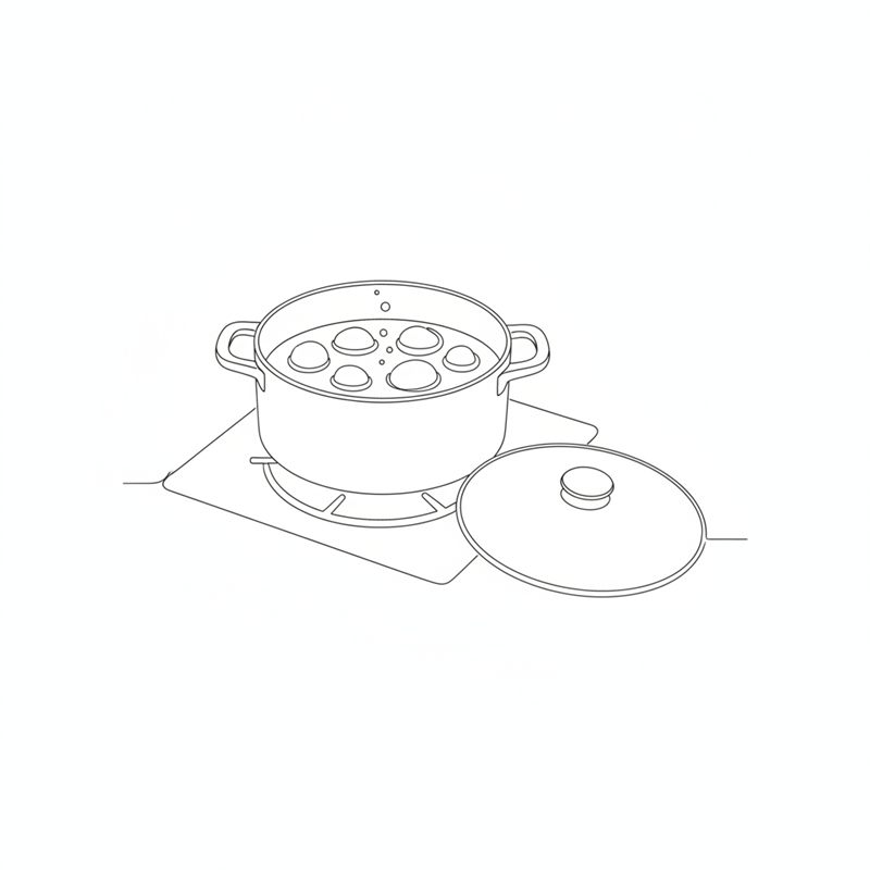 Una olla con agua y patatas pequeñas enteras sobre el fuego, con burbujas subiendo; la tapa reposa al lado.