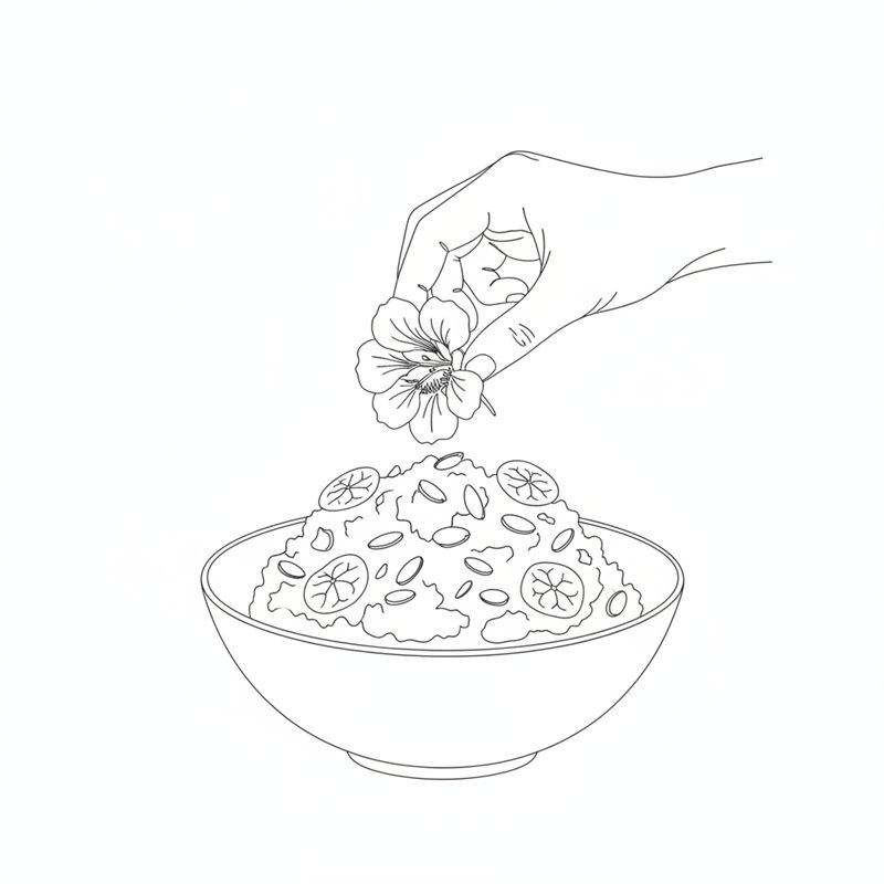 Una mano coloca una flor de capuchina con forma de embudo sobre la ensalada terminada; hojas redondas y almendras picadas encima.