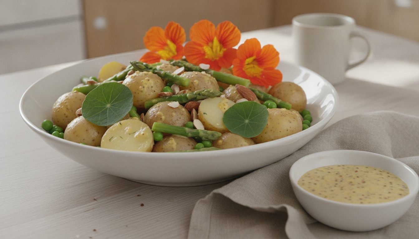 Un bol blanco y hondo con patatas pequeñas, enteras y partidas por la mitad, con piel, junto a trozos de espárragos verdes, guisantes, almendras, dos hojas redondas de capuchina y tres flores naranjas de capuchina encima; al lado, sobre una servilleta de lino gris, un bol blanco pequeño con salsa de mostaza amarillenta con semillas de mostaza visibles; mesa de madera clara, con una taza blanca al fondo.