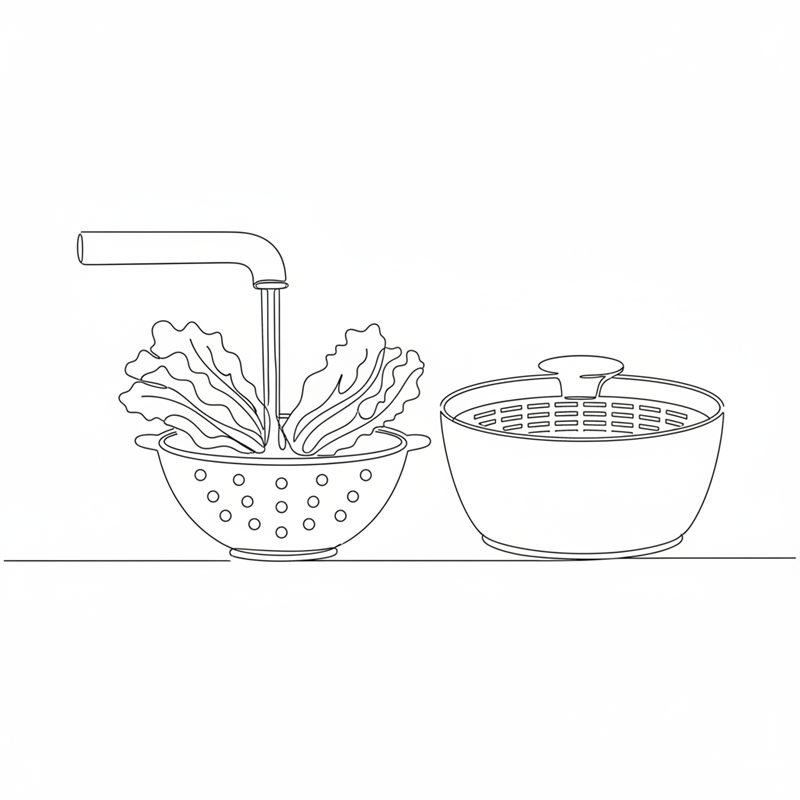 Ilustración: hojas de lechuga lavadas bajo el grifo en un escurridor, al lado una centrifugadora de ensalada
