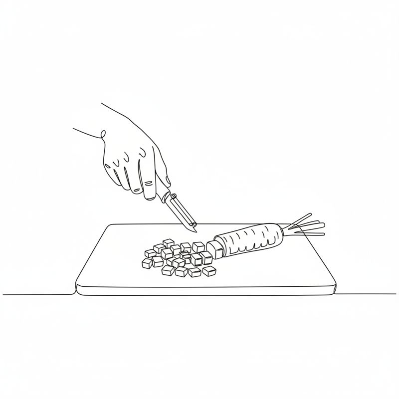 Ilustración: una mano pela una zanahoria con un pelador sobre una tabla, junto a un montoncito de zanahoria ya cortada en dados