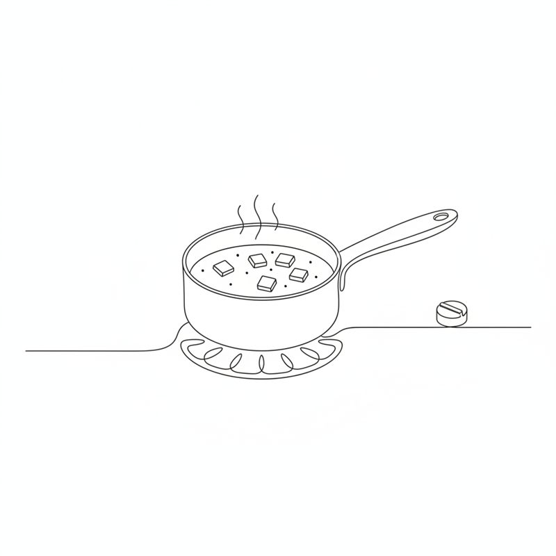 Ilustración: dados de zanahoria cociendo en un cazo pequeño con agua, al fuego