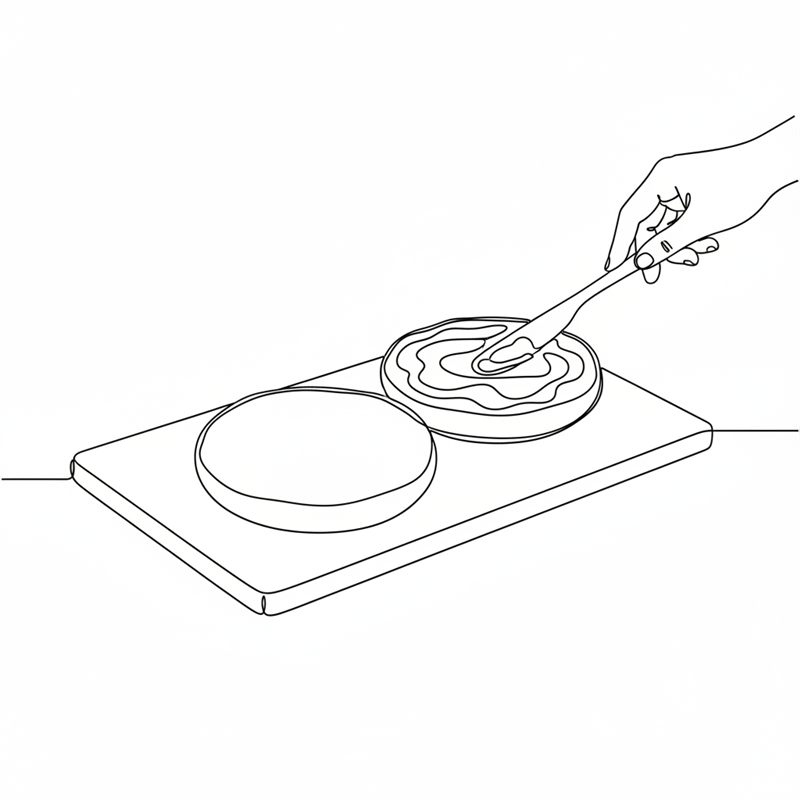 Ilustración: una mano unta con un cuchillo la base de un pan de hamburguesa abierto