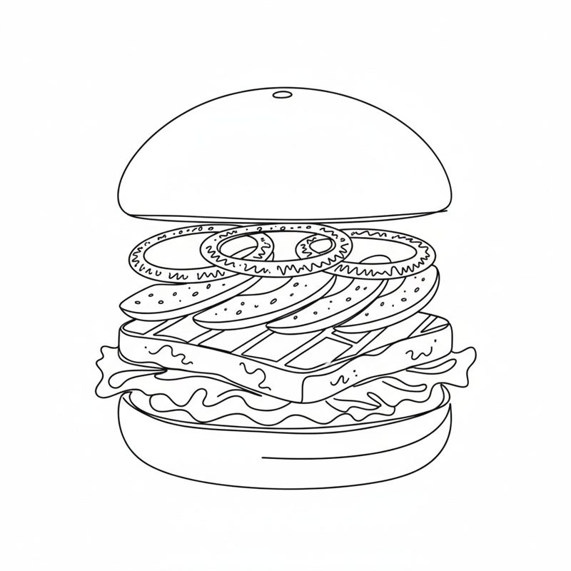 Ilustración: se monta una hamburguesa por capas con brotes, lonchas de halloumi, aguacate y cebolla encurtida, con la tapa suspendida encima