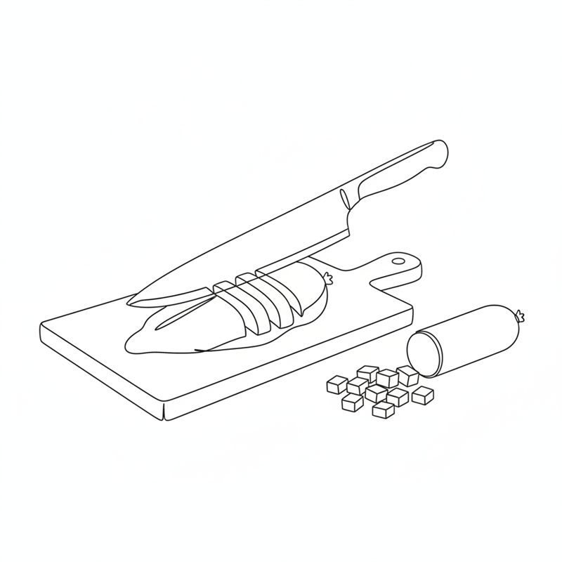 Ilustración: un cuchillo de cocina corta una pechuga de pollo en tiras sobre una tabla, junto a un chorizo entero y un montón de dados de chorizo
