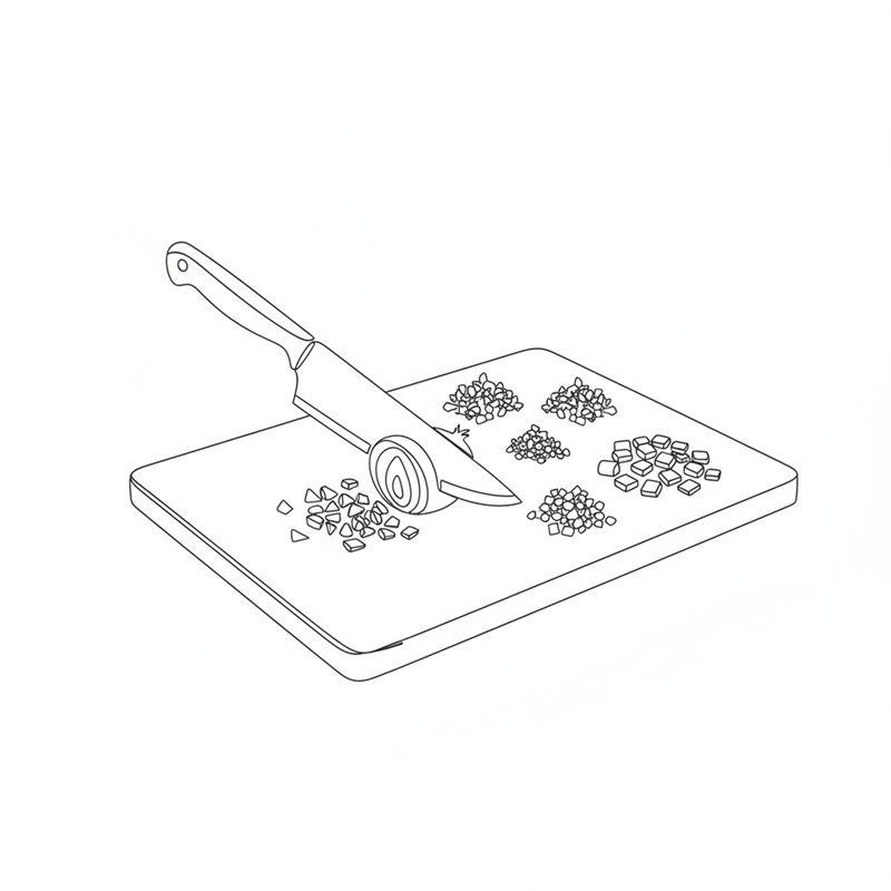 Ilustración: un cuchillo pica cebolla finamente sobre una tabla junto a ajo picado y dados pequeños de pimiento rojo