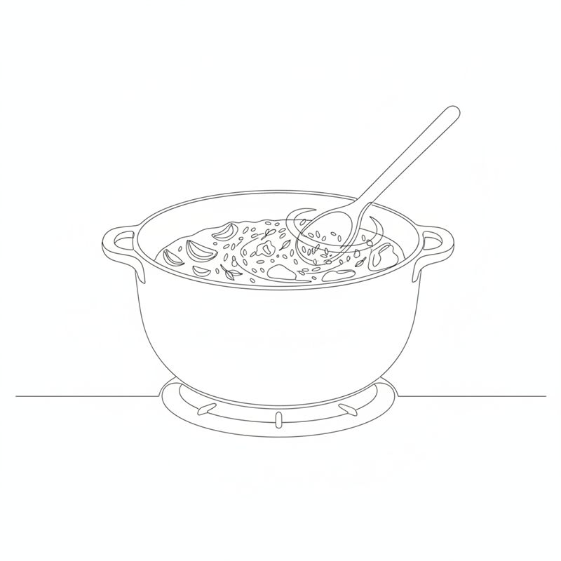 Ilustración: una cuchara de madera remueve arroz crudo y hierbas secas en la olla honda sobre el fuego