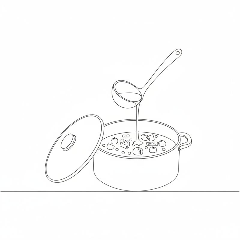 Ilustración: un cucharón vierte caldo en la olla con arroz y tomate troceado, con la tapa apoyada en el lateral